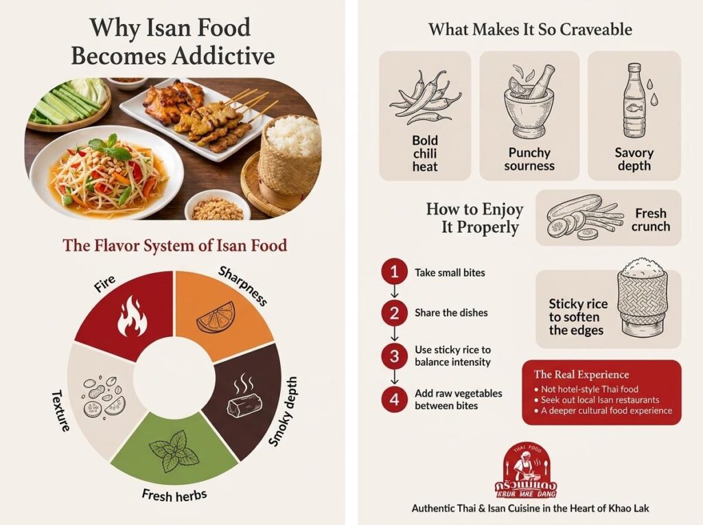 Infographic explaining why Isan food is addictive, highlighting its flavor system (fire, sharpness, smoky depth, fresh herbs, texture) and tips on how to eat Isan food for the most craveable taste.