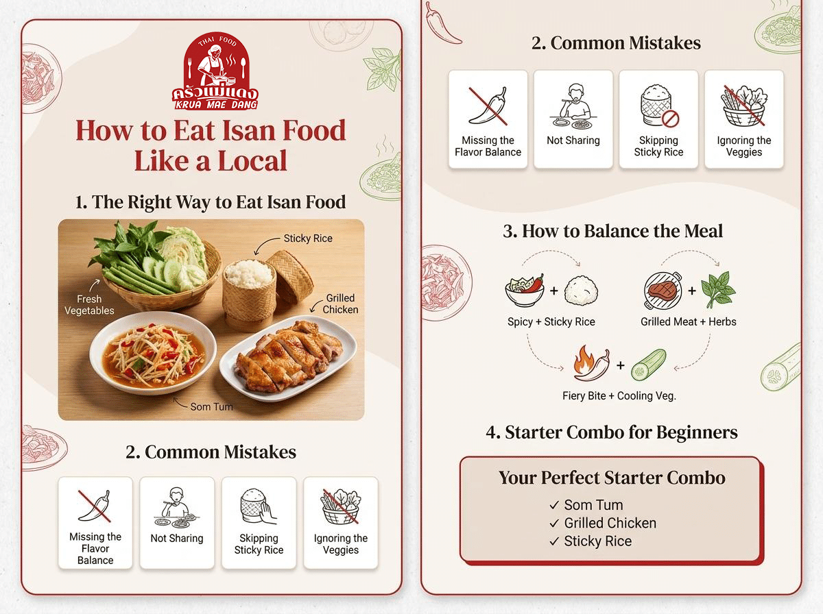 This infographic explains how to eat Isan food, with common mistakes, meal balance tips, and a starter combo: som tum, sticky rice, grilled chicken, and fresh vegetables for a deliciously authentic experience.