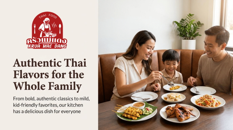 A family of three sits at a dining table, smiling and enjoying a variety of Thai dishes in a brightly lit, modern room.