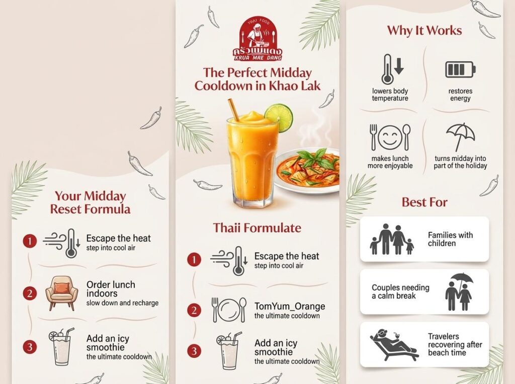 Infographic with a glass of iced tea and food, showing a midday reset formula for cooling down in Khao Lak, with steps, benefits, and recommendations for families or travelers seeking air conditioned restaurants in Khao Lak.