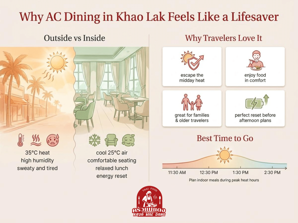 Infographic comparing outdoor and indoor dining in Khao Lak, highlighting cooler, comfortable conditions at air conditioned restaurants Khao Lak, reasons travelers prefer AC dining, and best midday hours for indoor meals.