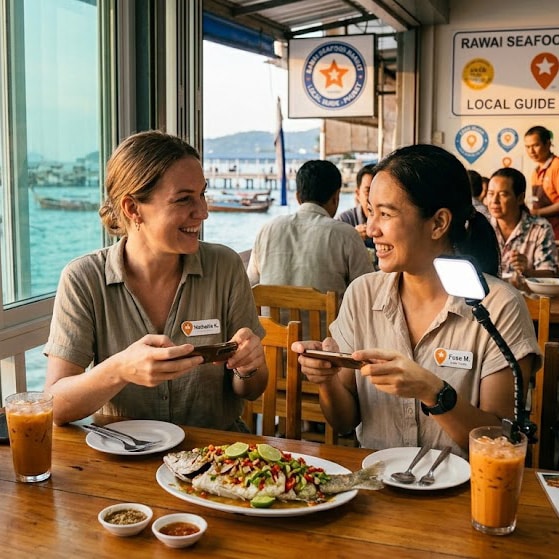 Two women sit at a restaurant table by the water, smiling and taking photos of a fish dish with their phones; iced drinks and food are on the table.