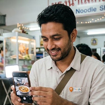 A man wearing a "Google Local Guides" badge takes a photo of a bowl of food with his smartphone inside a noodle shop.