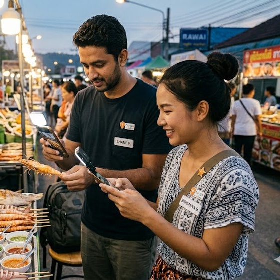 Two people at an outdoor market take photos of grilled food on skewers using their phones. Market stalls and lights are visible in the background.