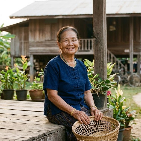 An elderly woman with short hair sits on a wooden porch holding a basket, smiling, with potted plants and a traditional wooden house in the background.