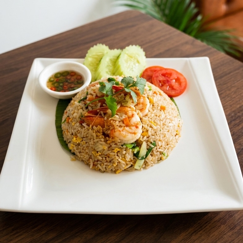 จานข้าวผัดกุ้งตกแต่งด้วยผักชี เสิร์ฟพร้อมแตงกวาหั่นชิ้น มะเขือเทศ และพริกน้ำปลาถ้วยเล็กบนจานสี่เหลี่ยมสีขาว