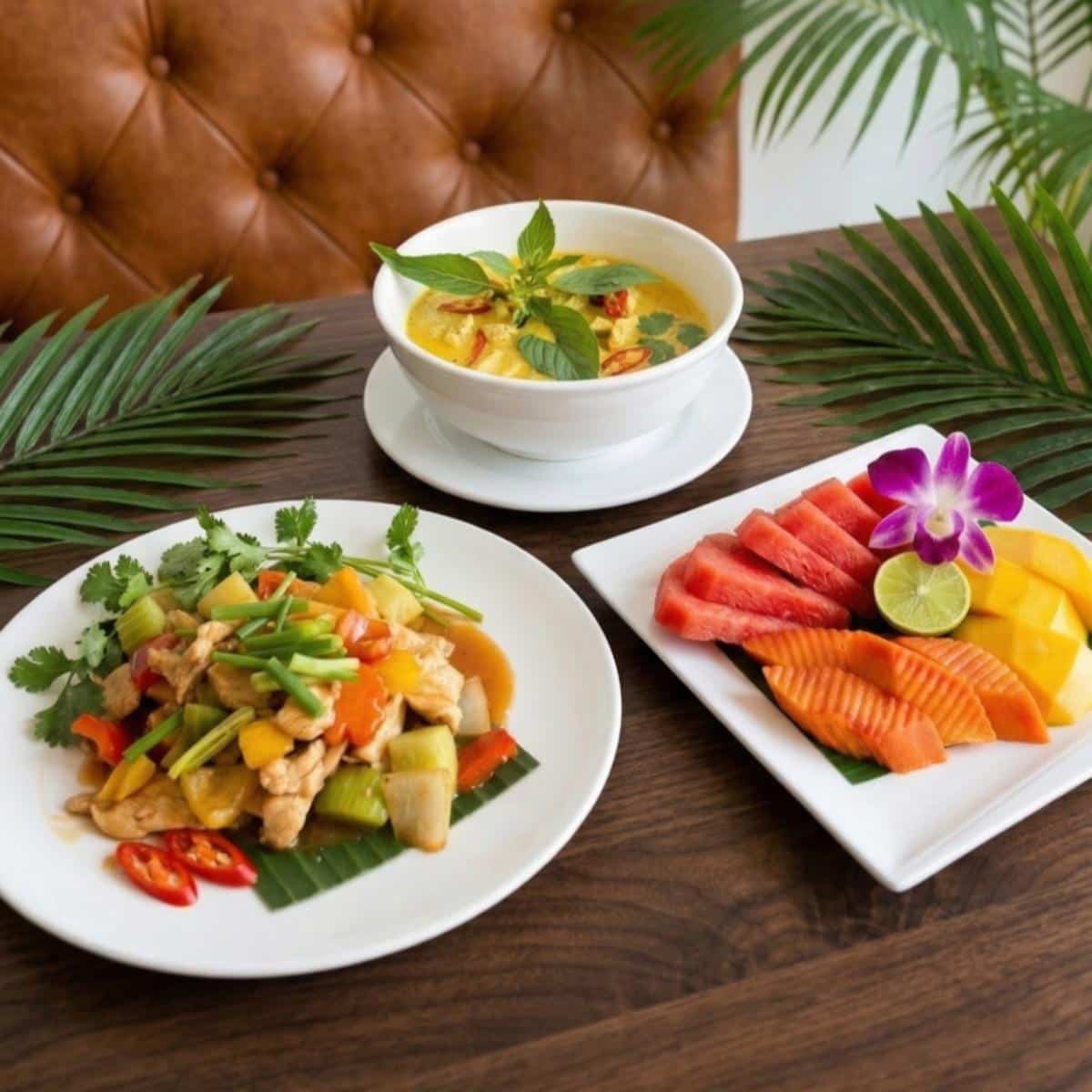Three plates on a wooden table: a chicken and vegetable stir-fry, a bowl of green curry, and a plate of sliced tropical fruit with lime and an orchid.