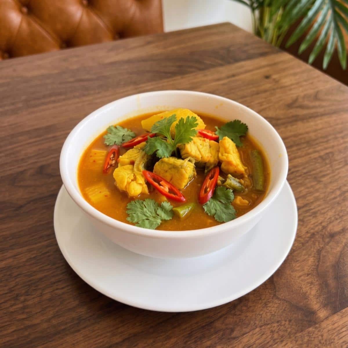A white bowl of fish curry garnished with cilantro and sliced red chili peppers sits on a white plate on a wooden table.