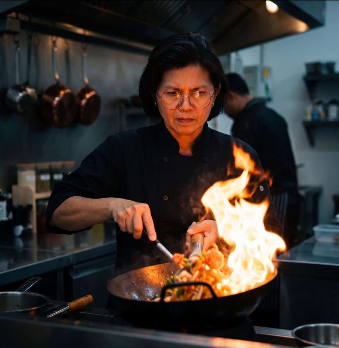 A chef in a commercial kitchen stir-fries vegetables and meat in a wok, producing a burst of flames.