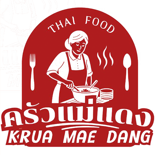 A red and white logo for "Krua Mae Dang Thai Food" shows a woman cooking in a pot, with a fork and spoon on each side and steam rising from the pot.