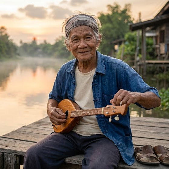 An older man sits on a wooden dock by a river at sunset, tuning a small stringed instrument, with sandals placed beside him.