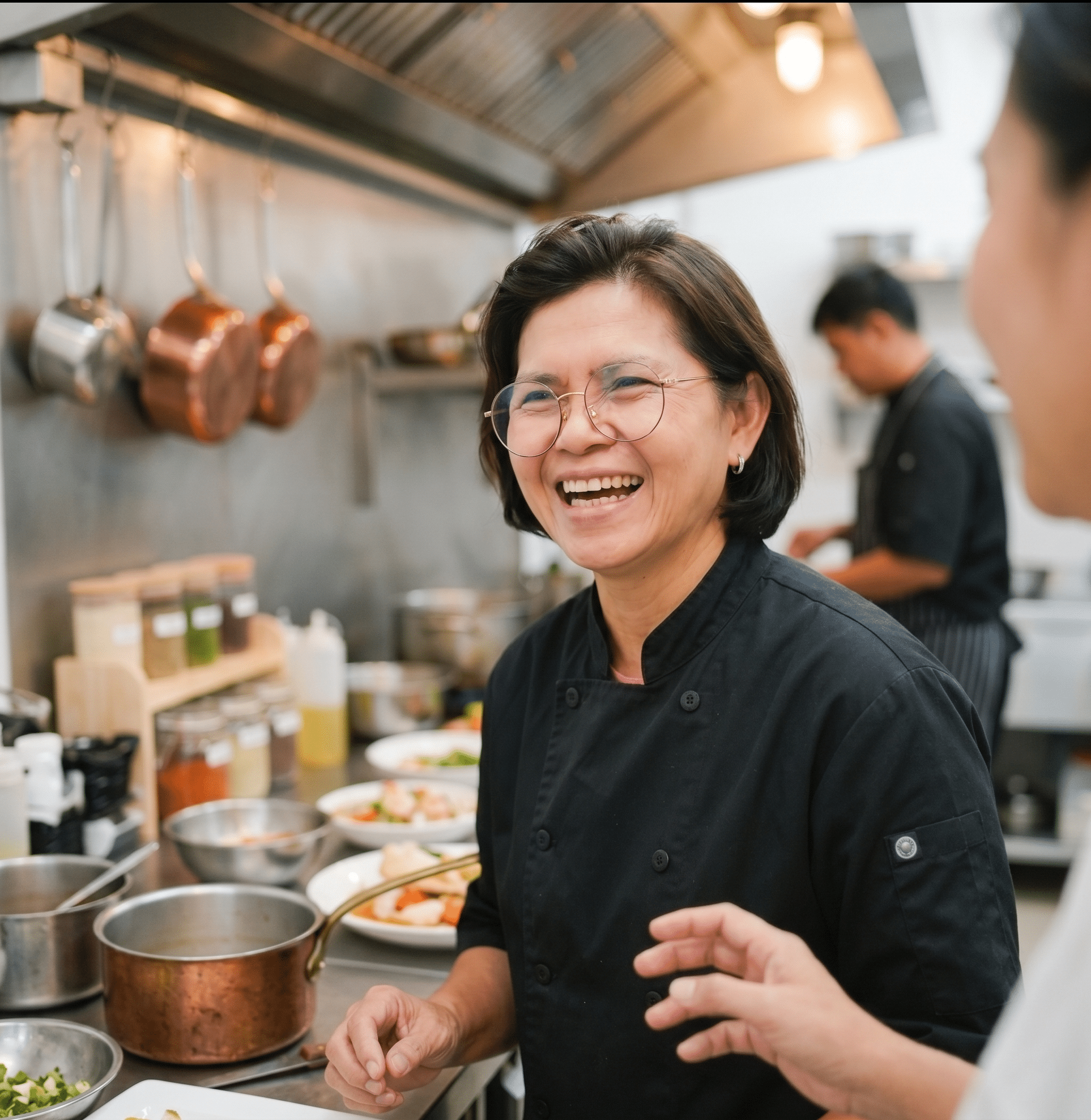 A chef in a black uniform smiles while standing in a commercial kitchen, with various pots, spices, and dishes visible around her. Other kitchen staff work in the background.