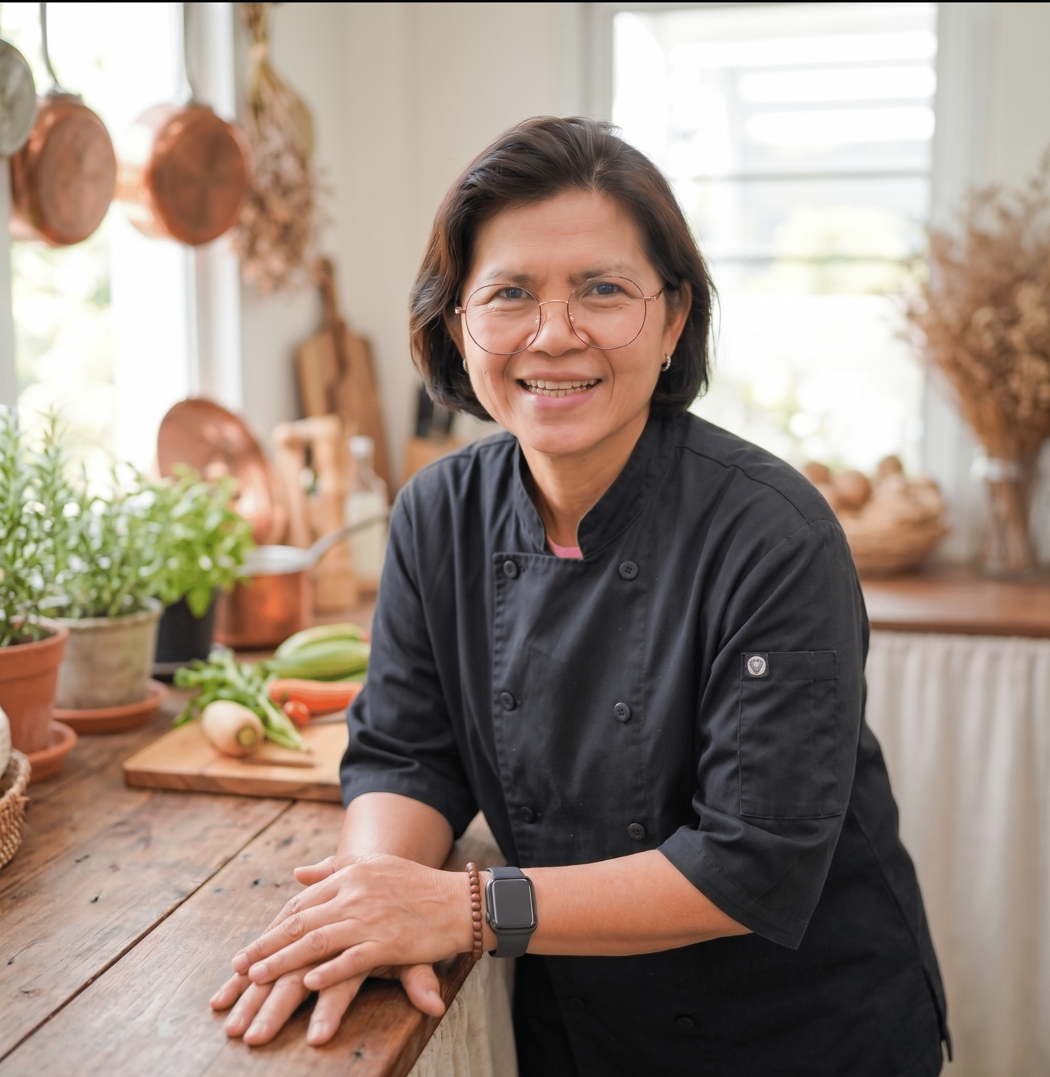 A woman in a black chef's coat stands smiling in a kitchen with fresh vegetables, herbs, and copper cookware visible on the counter and wall.