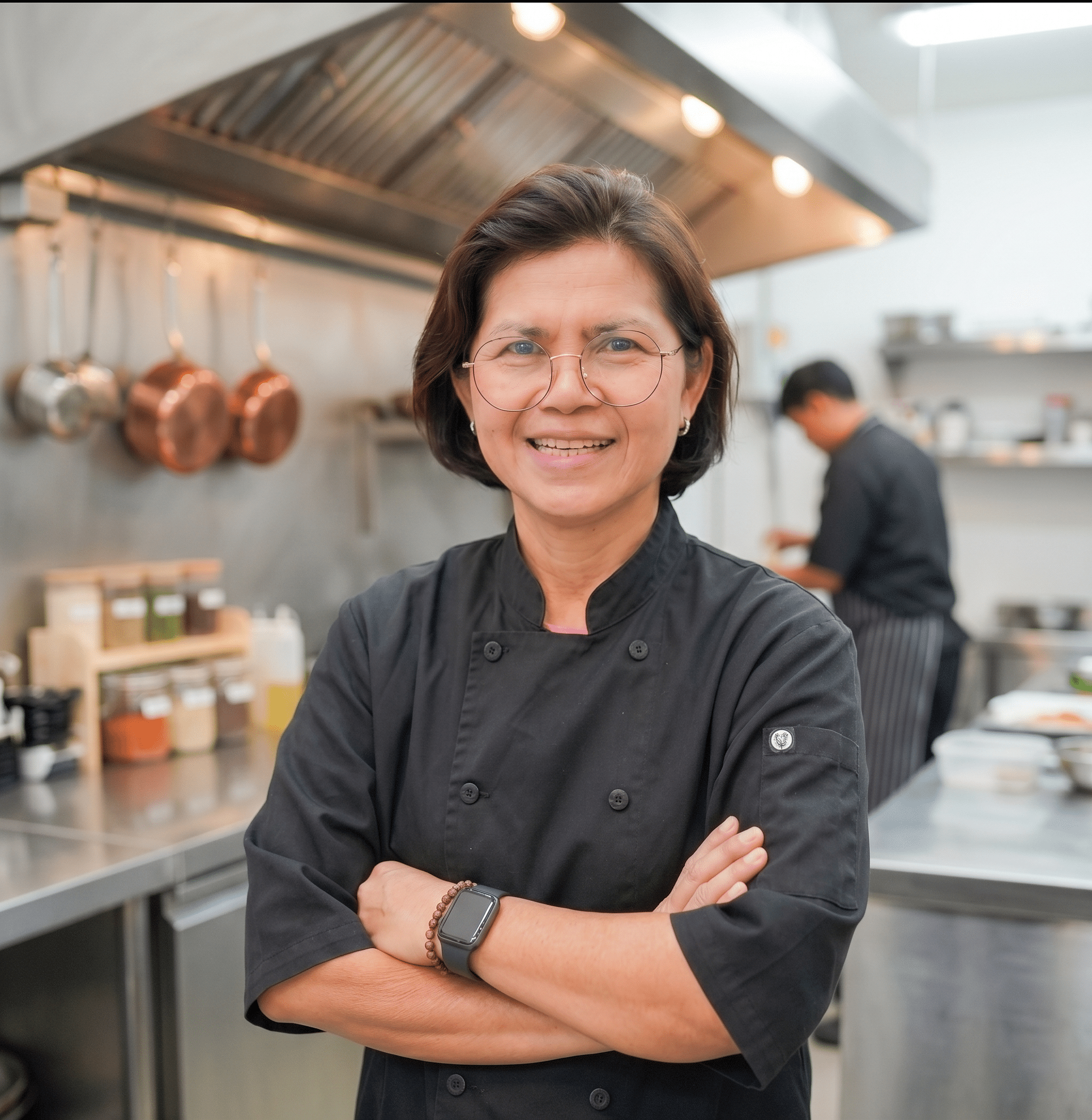 A chef in a black uniform stands with arms crossed in a commercial kitchen, while another person works in the background.